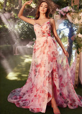 Livia | Enchanting Light Pink Floral Backless Prom Dress with Slit - Light Pink Floral - PromDressClub